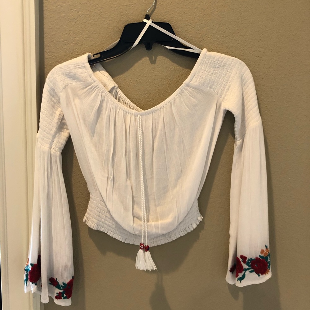 Band of Gypsies White Peasant Blouse with Red Floral Embroidery